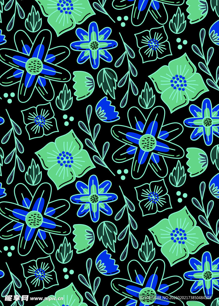 蓝绿花卉几何图案纹理