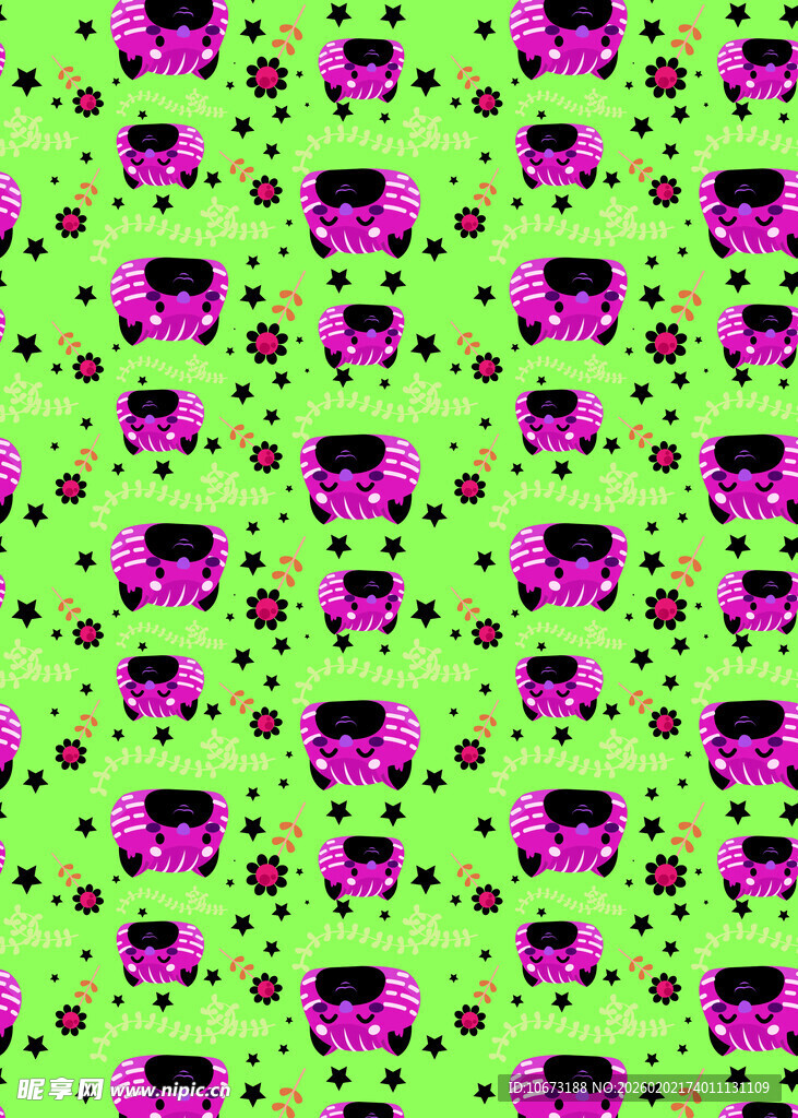 绿色底粉色图案卡通背景