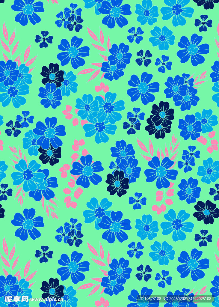 蓝粉花朵绿色背景图案