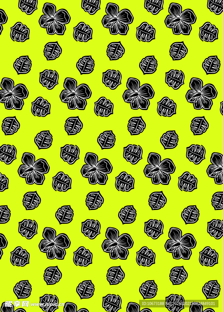 黄绿底黑色花朵图案