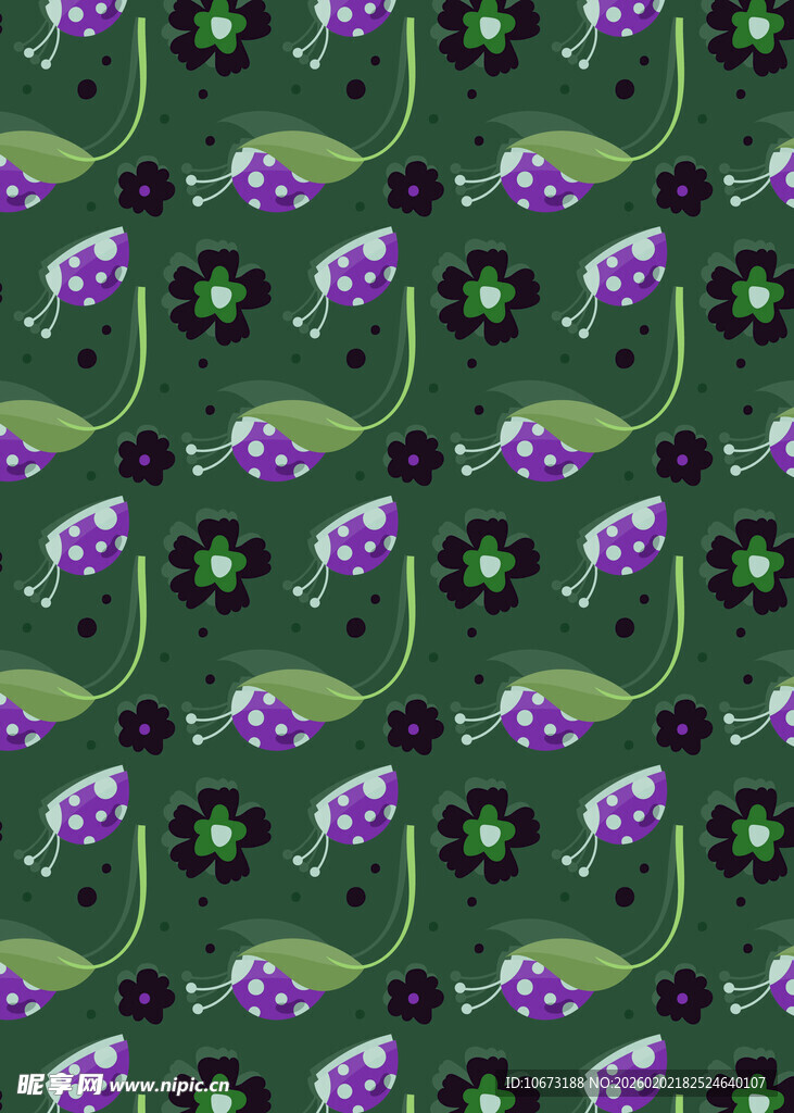 绿色背景紫色花卉图案