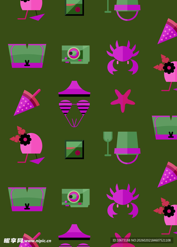 绿色背景的多彩卡通图案