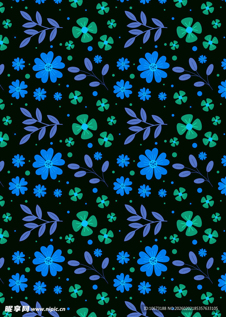 蓝绿花卉图案黑色背景