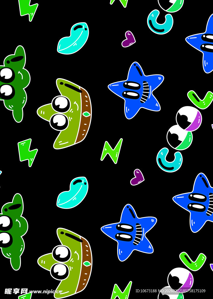 多彩卡通图案装饰黑色背景