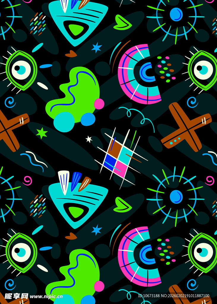 炫彩几何与卡通元素图案