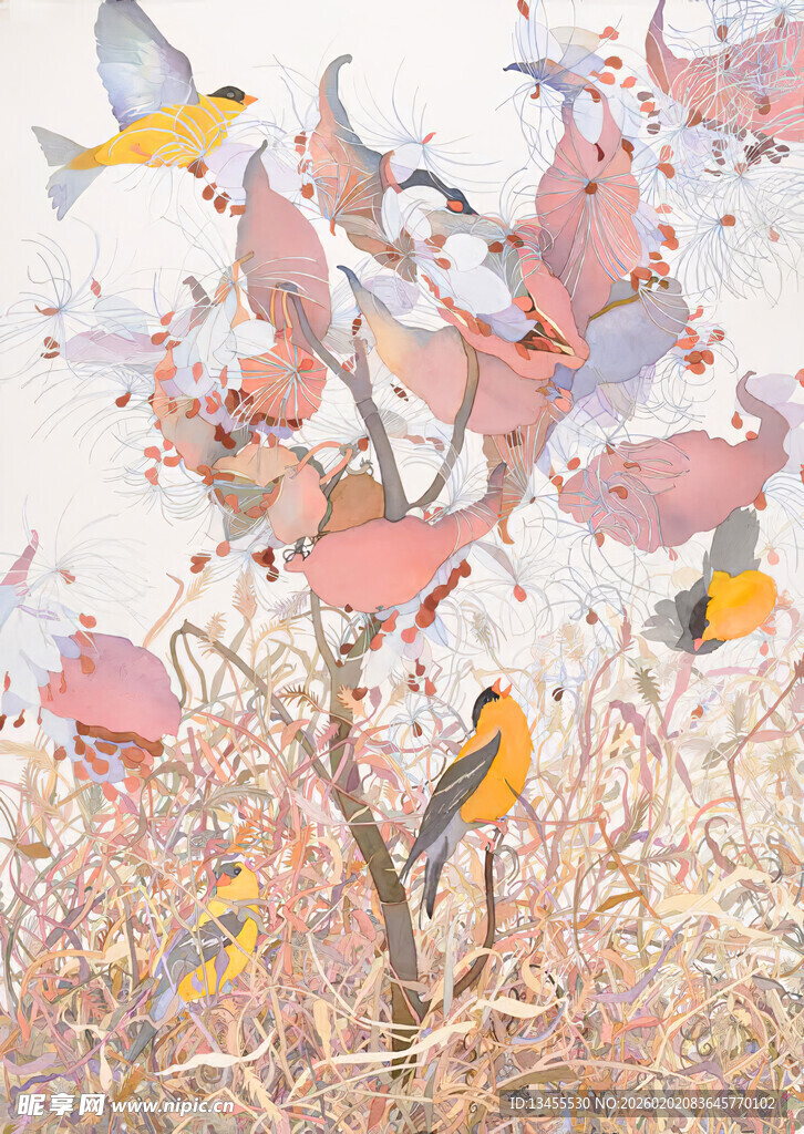 秋日枝头群鸟嬉戏图