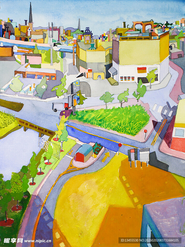 色彩斑斓的城市景观画作