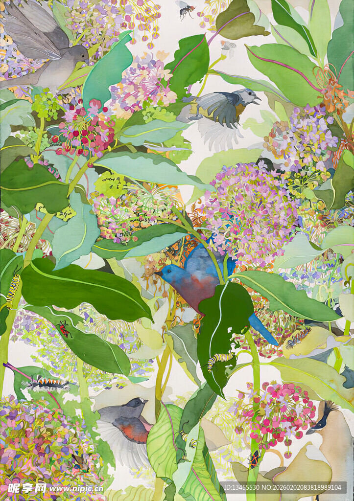 绿叶间的多彩鸟儿