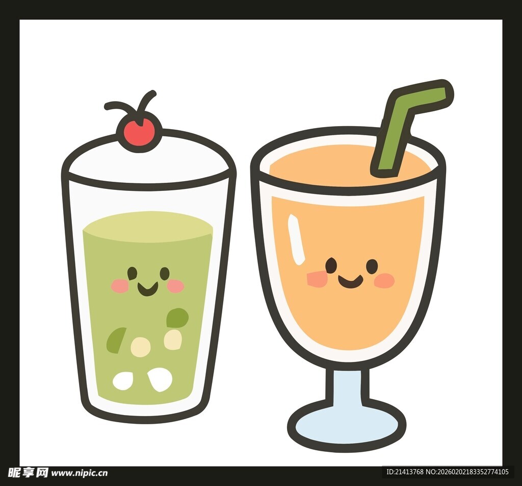 可爱卡通风格的两杯饮品