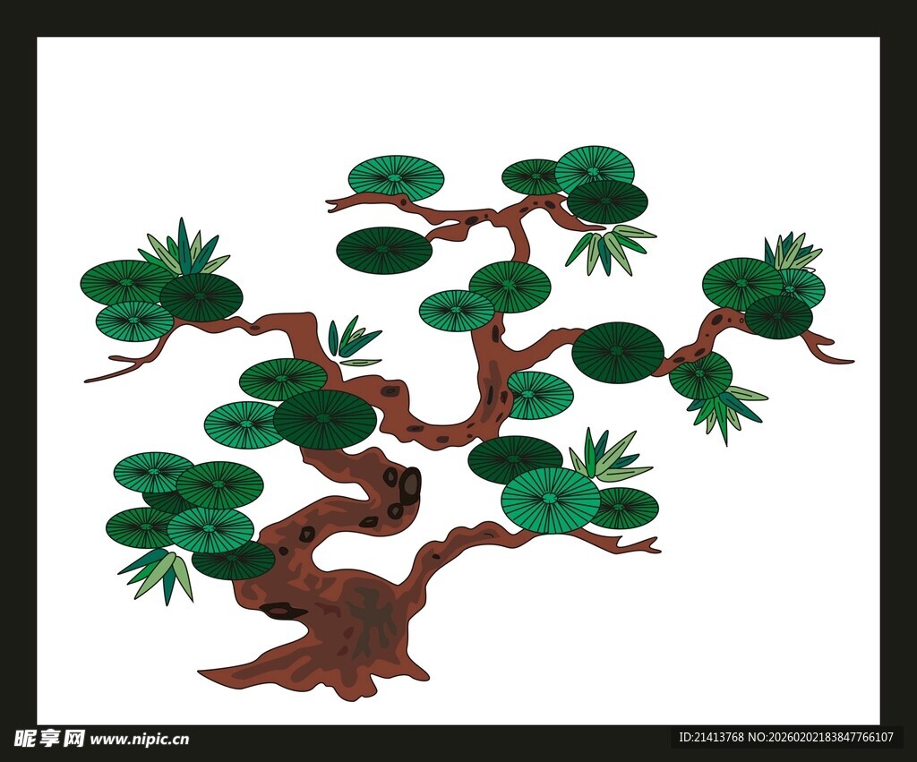 中式手绘盆景松树图案