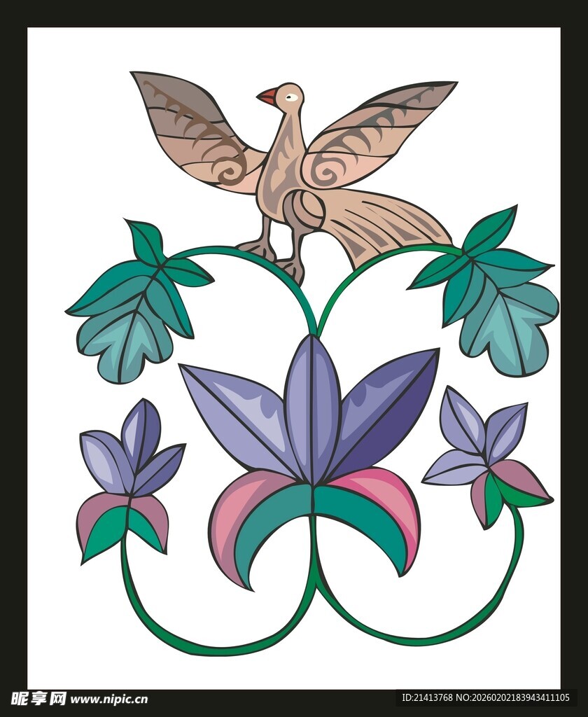 传统凤凰花卉刺绣图案