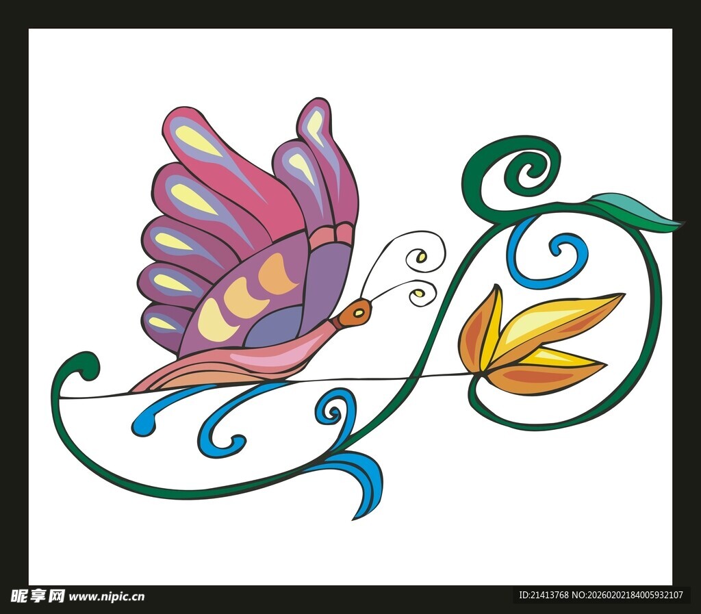 彩色蝴蝶与藤蔓装饰图案