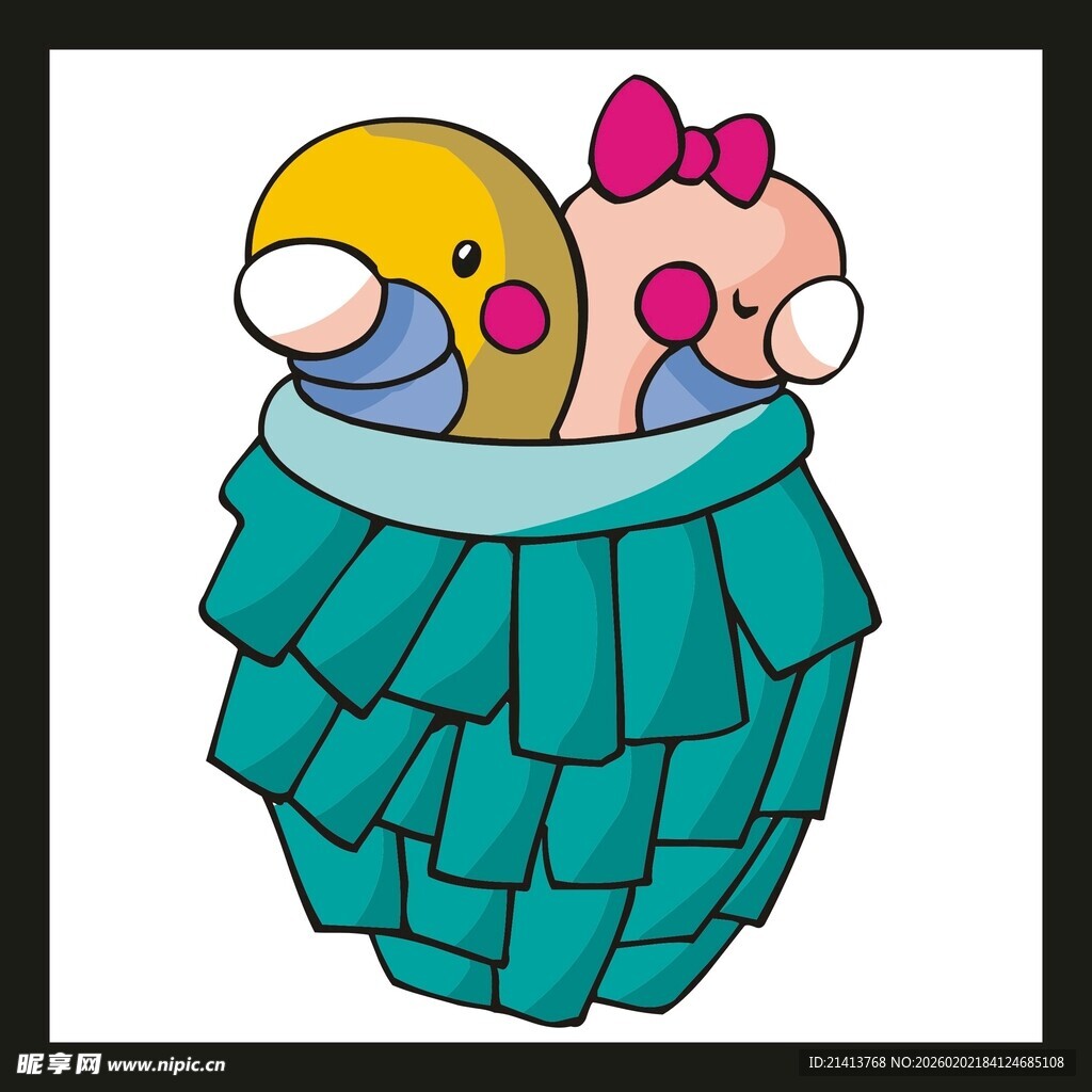 卡通小鸟在绿色鸟巢中