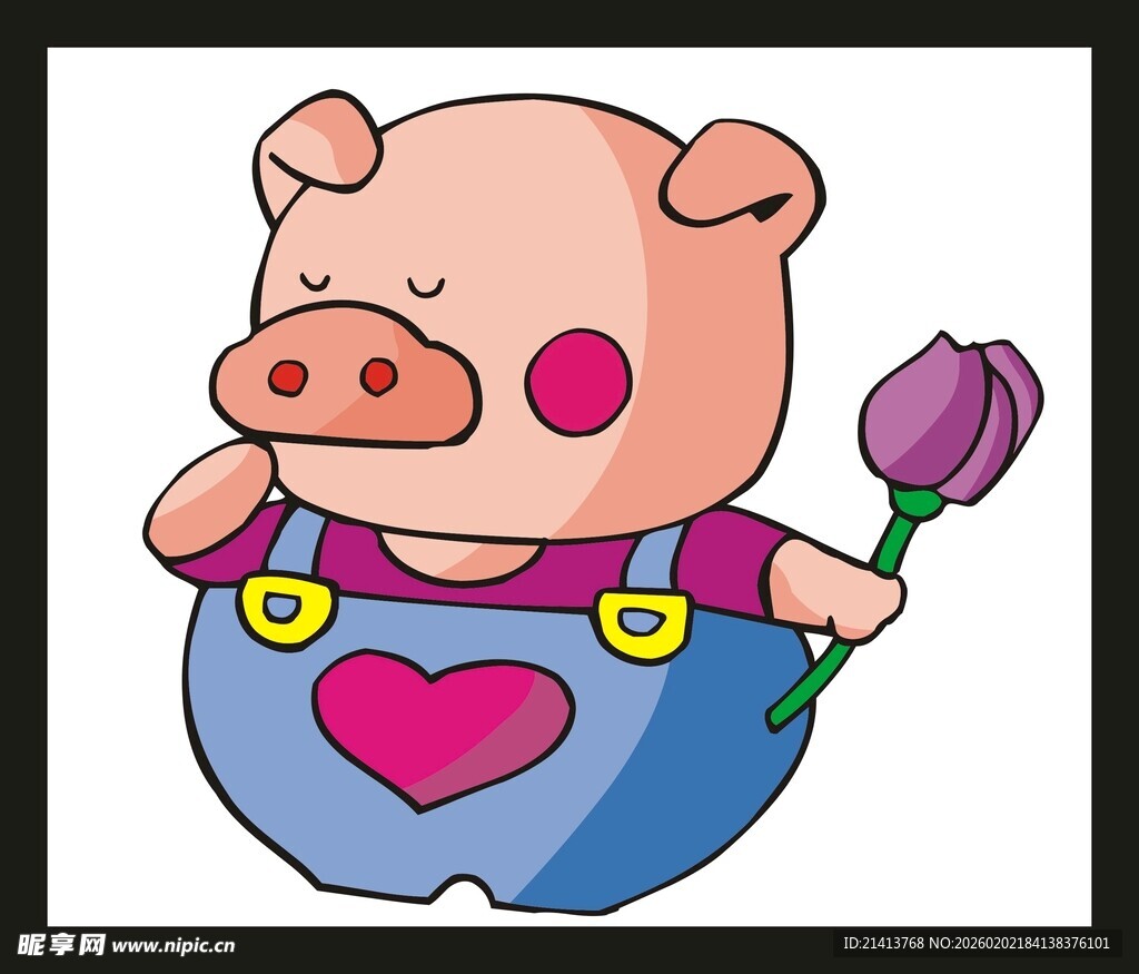 手持郁金香的可爱小猪