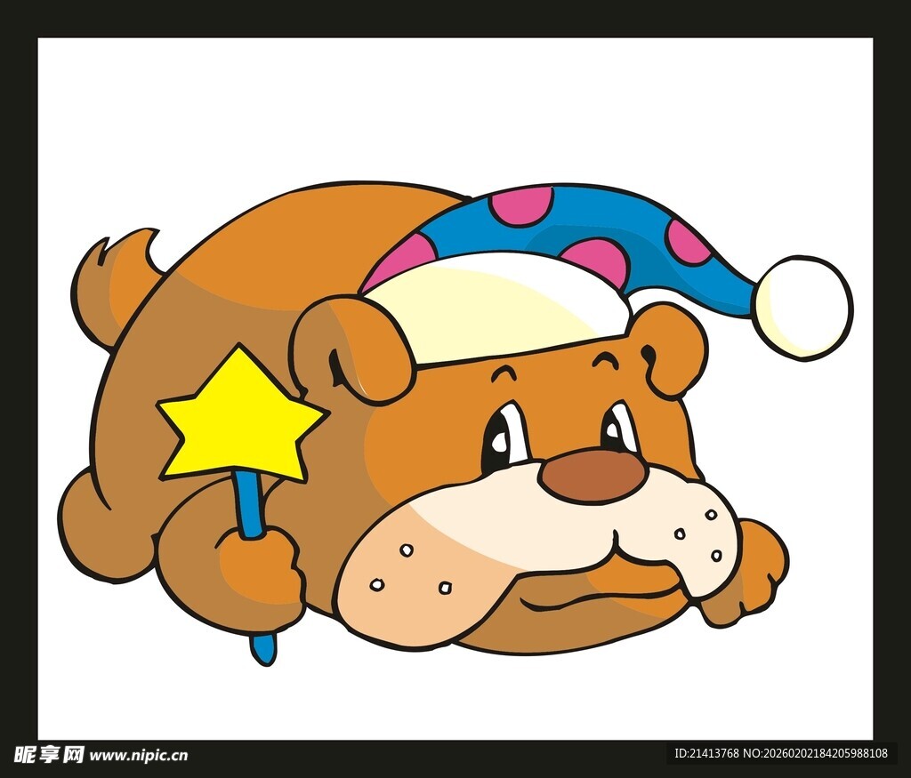 戴帽持星的可爱卡通小狗