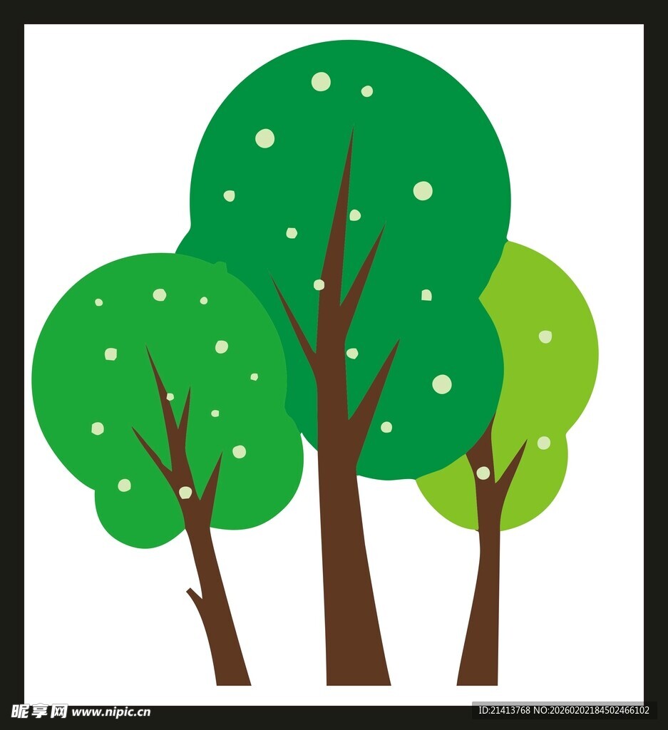 三棵绿叶树木插画