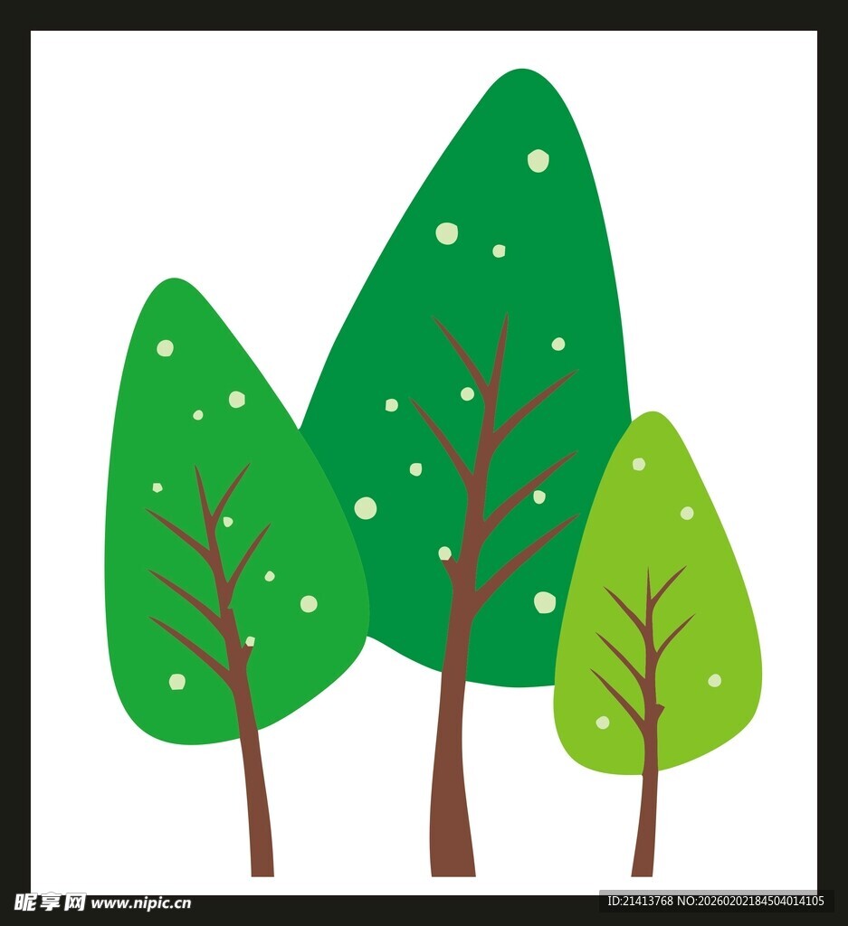 三棵卡通风格的绿色树木