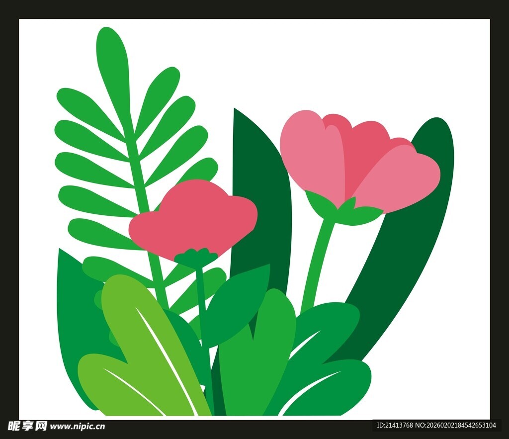 手绘粉色花卉与绿叶组合