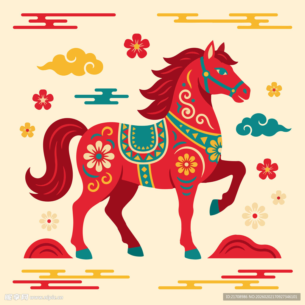 中式花纹红马吉祥插画