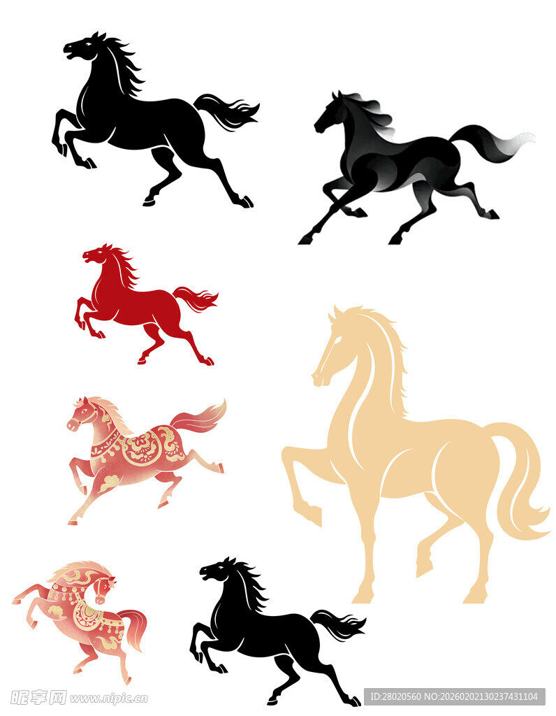 多样骏马剪影图案集合