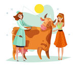 两位女士与奶牛的温馨场景