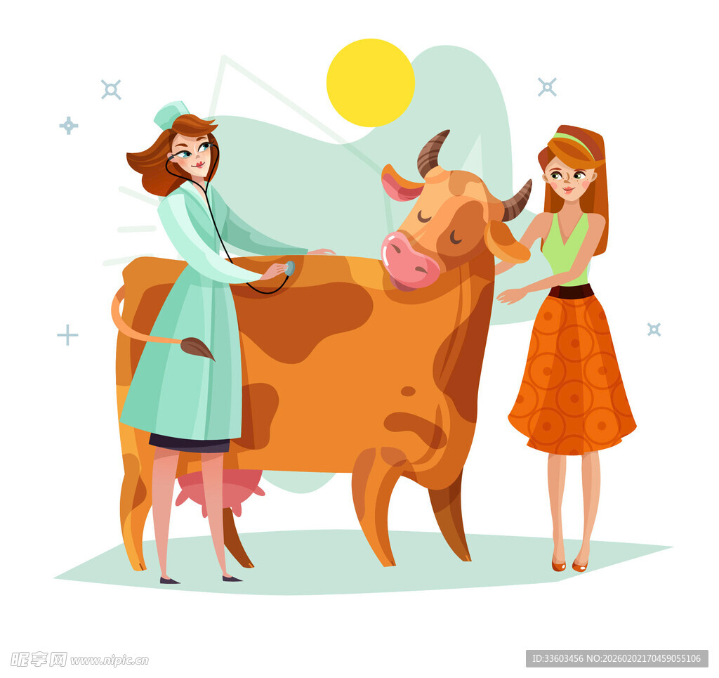 两位女士与奶牛的温馨场景