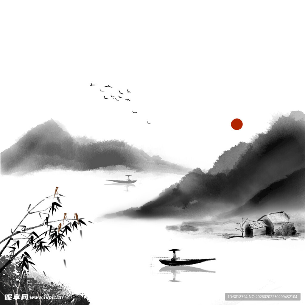 水墨山水间的孤舟落日