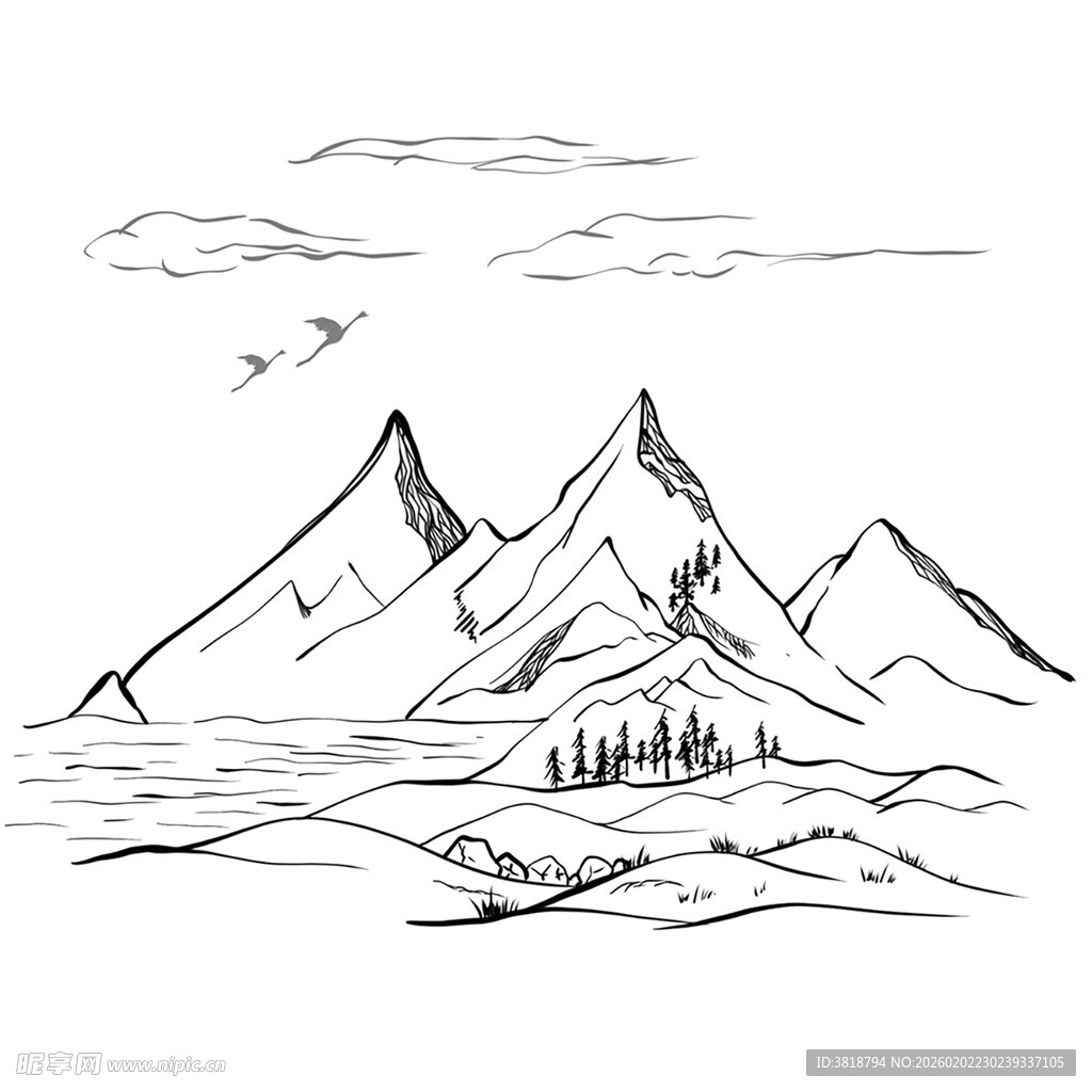 手绘山川风景图