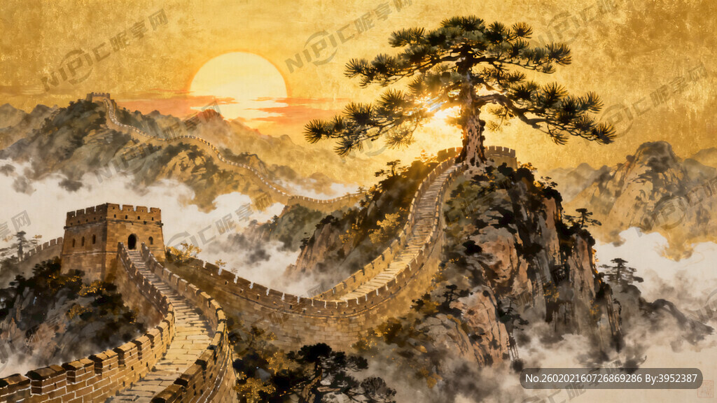 迎客松长城旭日山水画