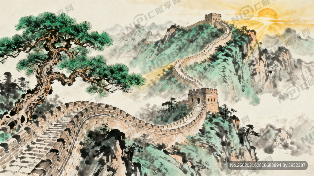 迎客松长城旭日山水画