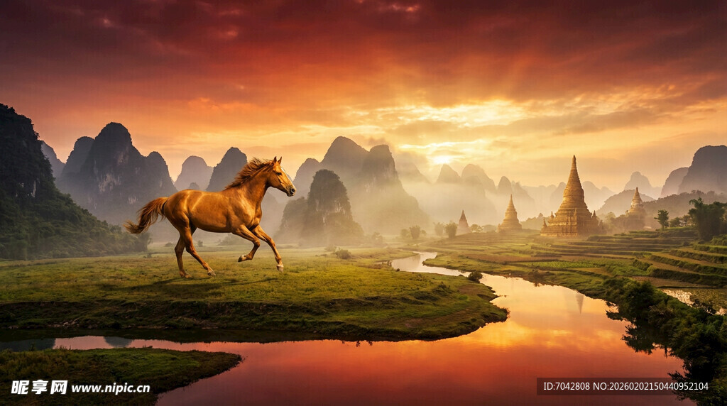 夕阳下骏马驰骋山水间