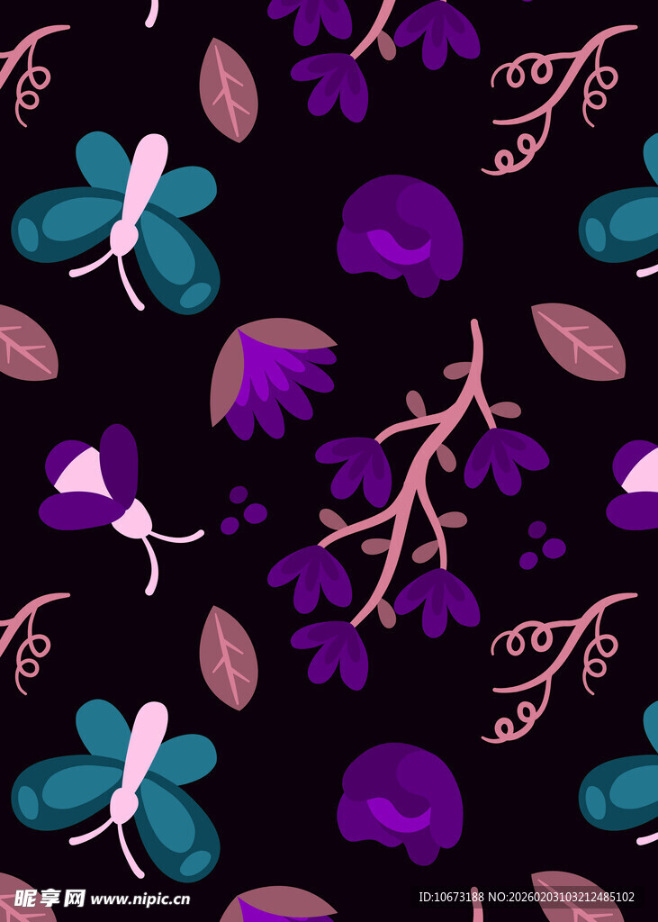 梦幻紫色花卉昆虫图案