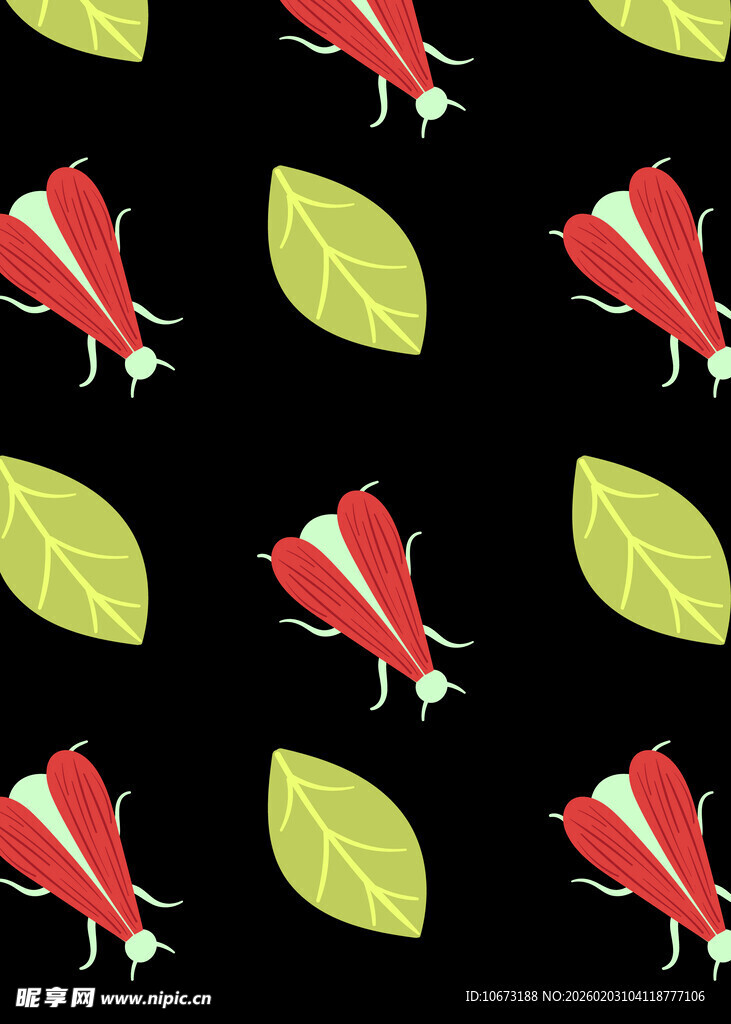 红昆虫绿叶黑色背景图案