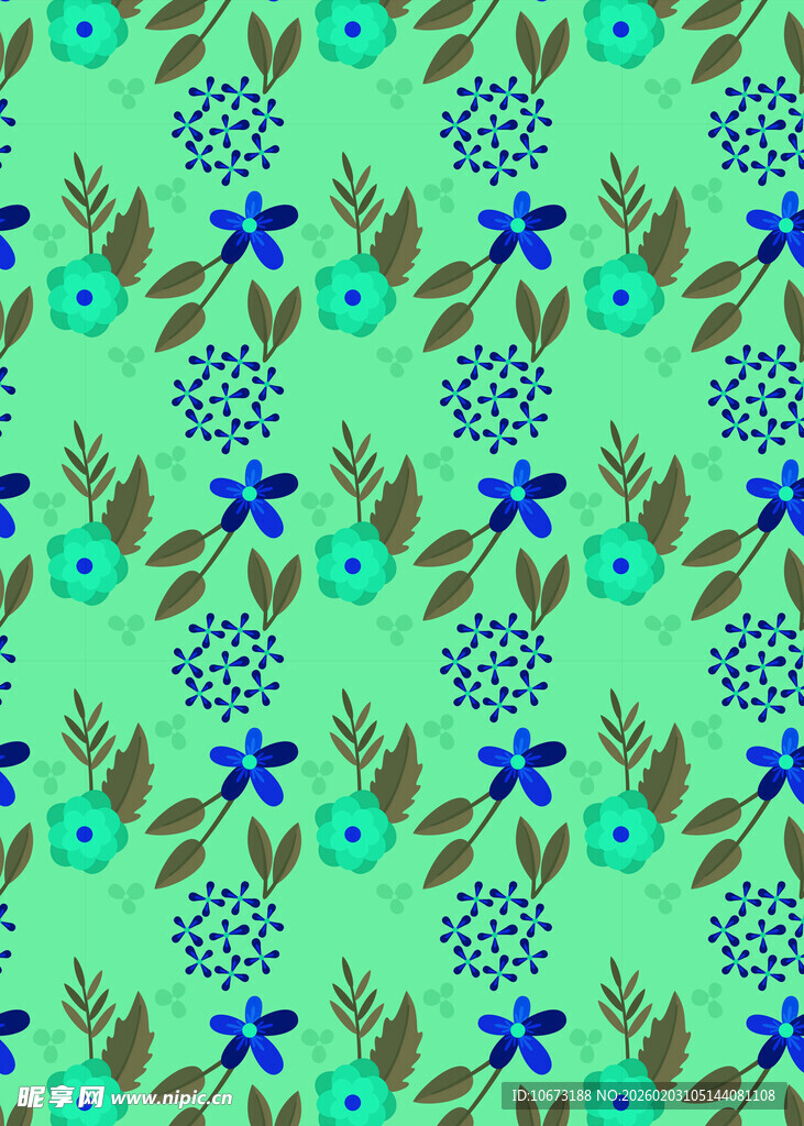 清新蓝花绿叶图案背景
