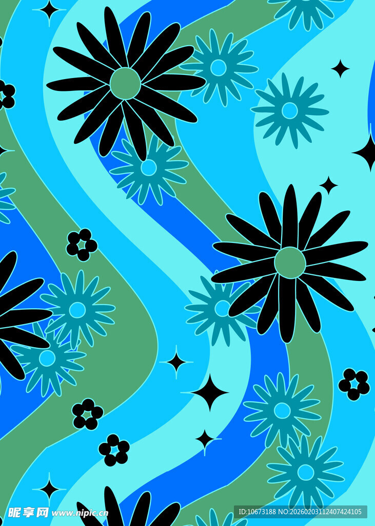 蓝色花卉波浪图案背景