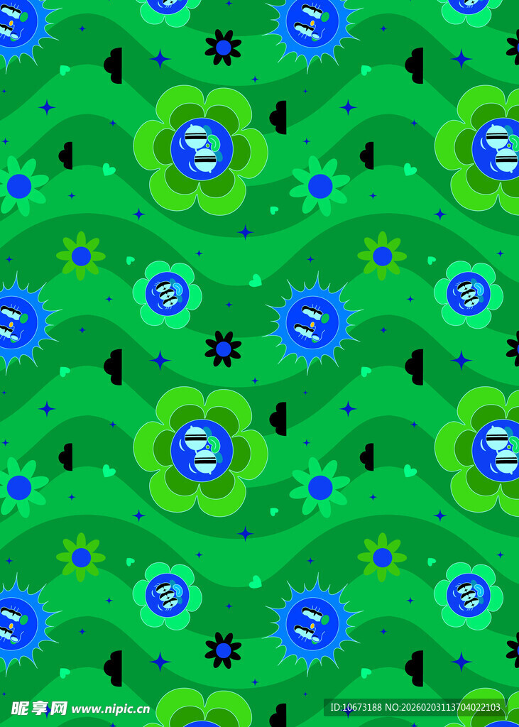 绿色底蓝色花朵图案背景