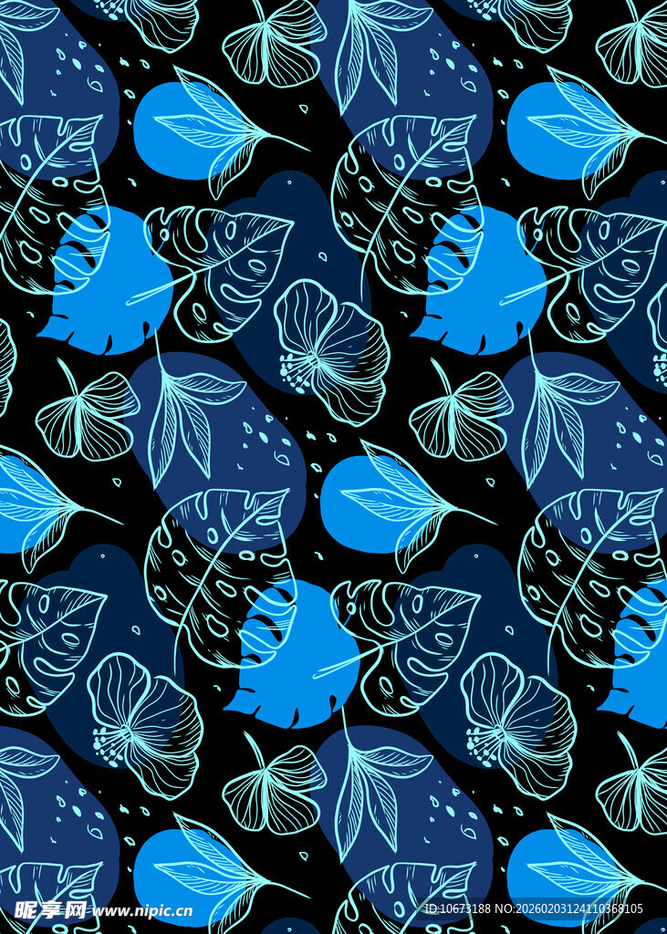 蓝色梦幻蝴蝶花卉图案