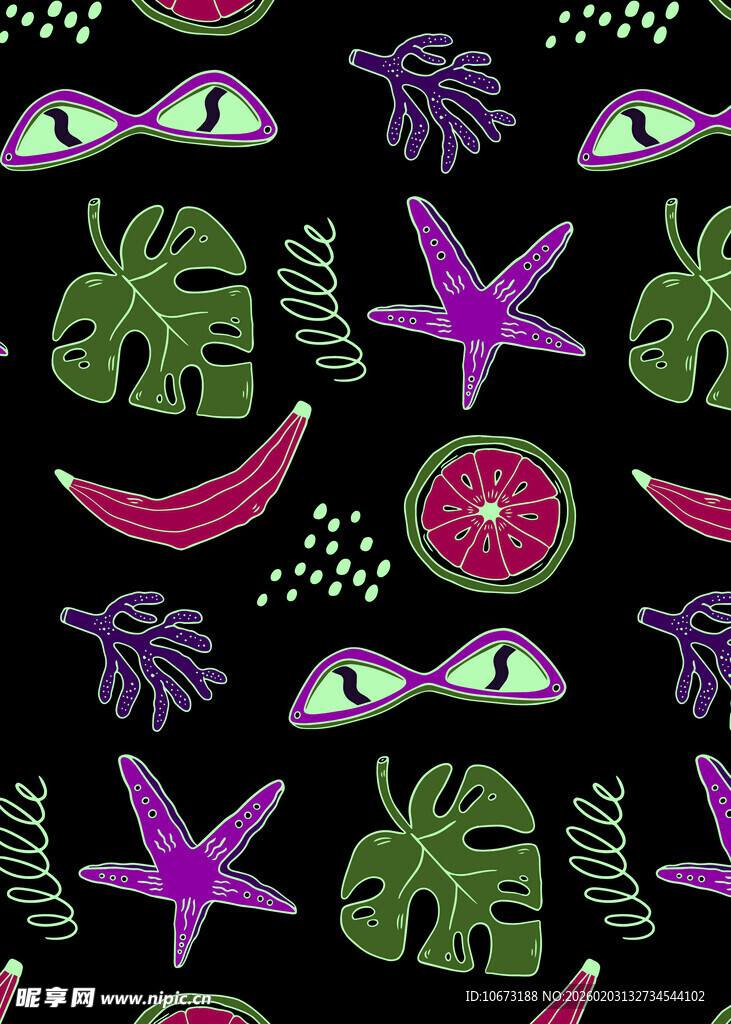 热带水果与海星图案背景