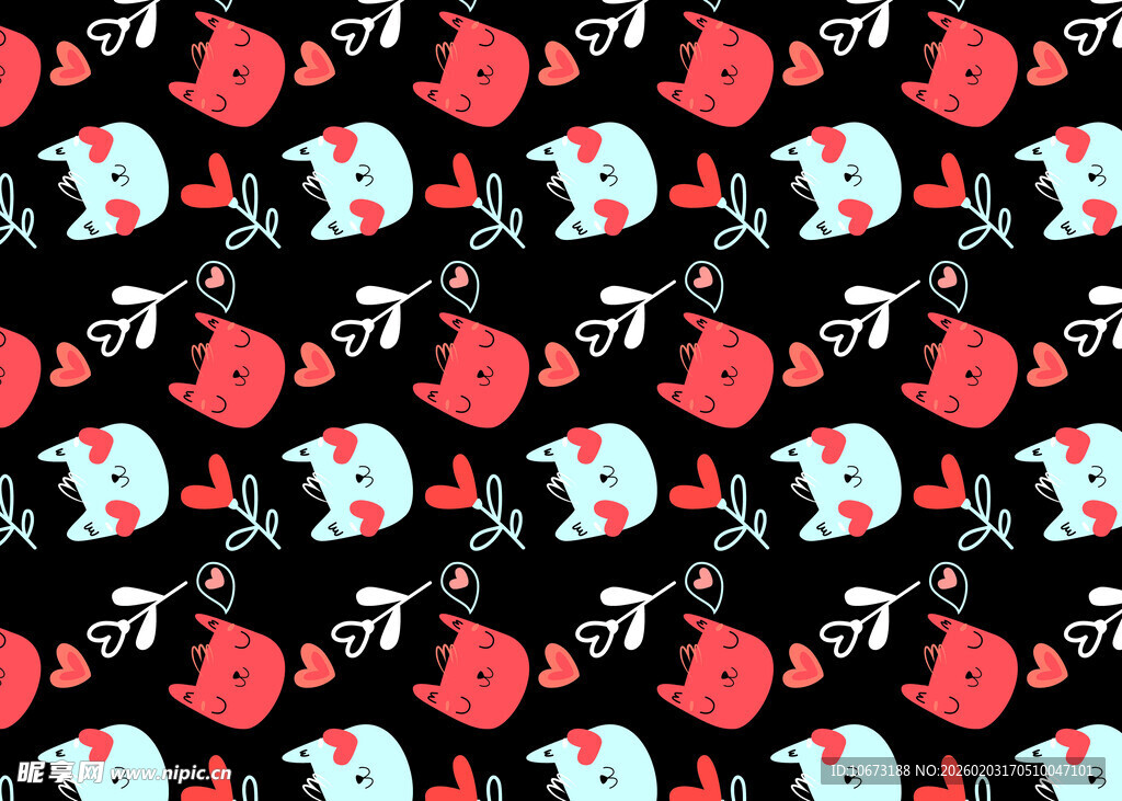 可爱卡通图案黑色背景布料