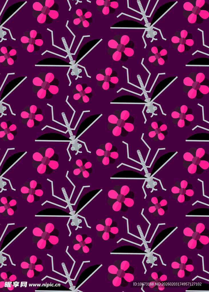 紫色底粉色花卉图案纹理
