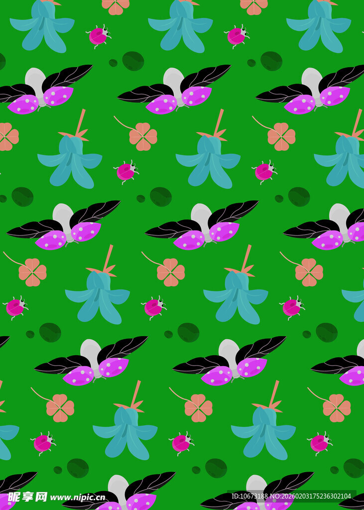 绿色背景多彩飞鸟花卉图案