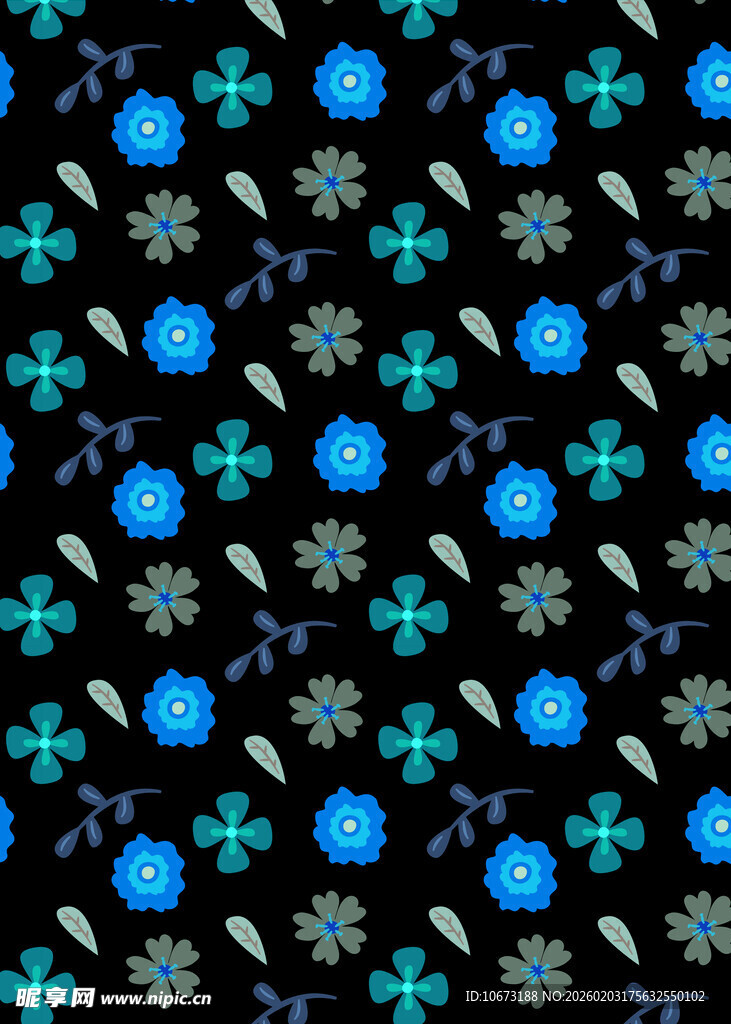 黑色底多彩花纹图案布料