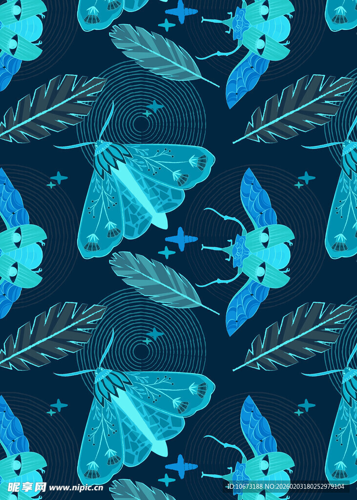 蓝色花卉飞蛾图案背景