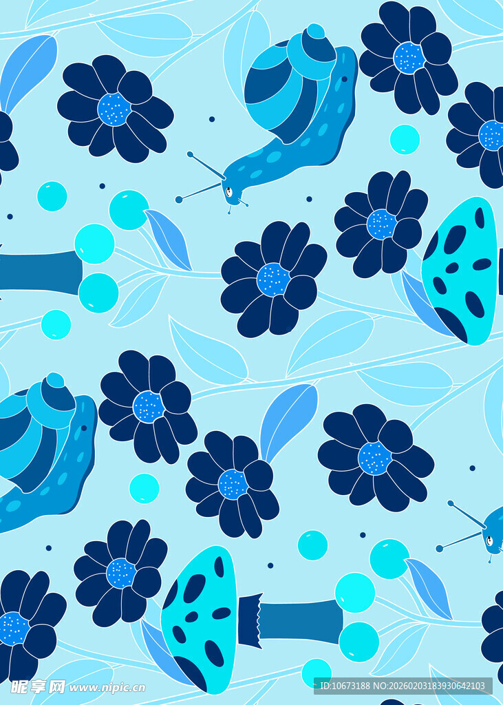 蓝色花卉瓢虫图案背景