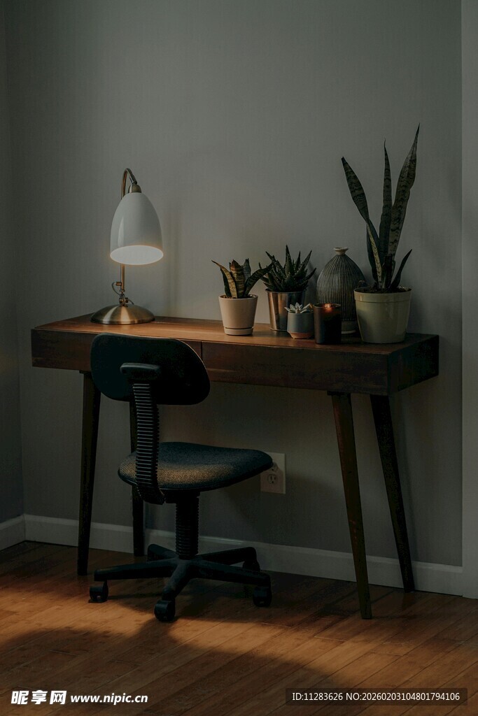 简约风书桌搭配绿植与灯具