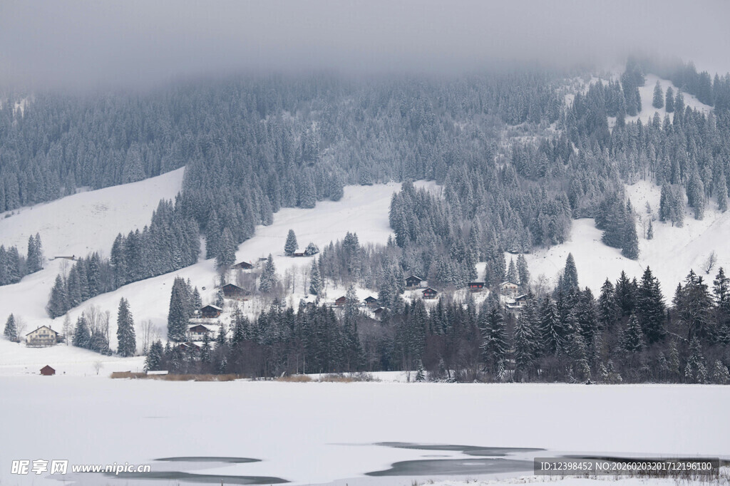 雪覆山林的冬日静谧景致