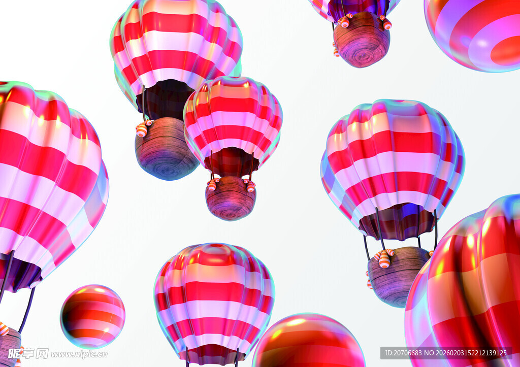 3D 热气球 红白条纹热气球 