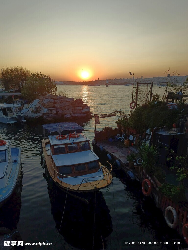 夕阳下港口停泊的船只