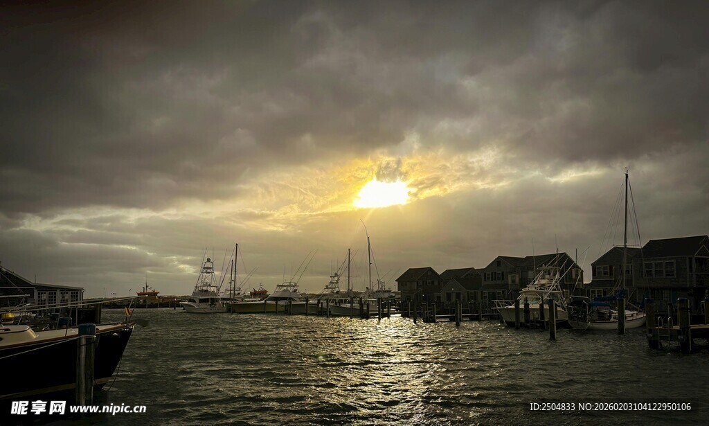 黄昏海港 落日余晖美景
