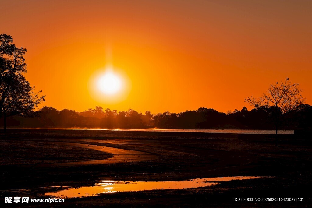 夕阳下的宁静河岸风光